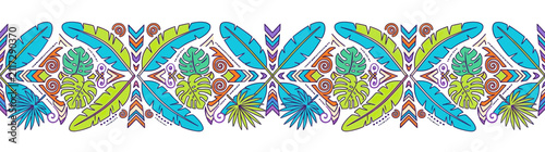 Fotografía Tropical Leaf Pattern Border with Tribal Geometric Elements