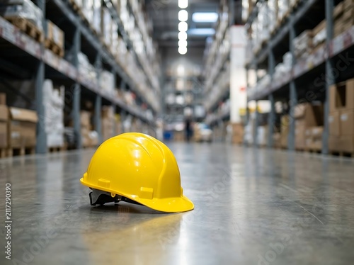 A bright yellow hard hat resting on the concrete floor in the middle of a large industrial warehouse with tall storage racks