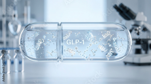 GLP 1 receptor activation concept in transparent capsule with molecular structure inside for medical research and pharmaceutical development in laboratory setting