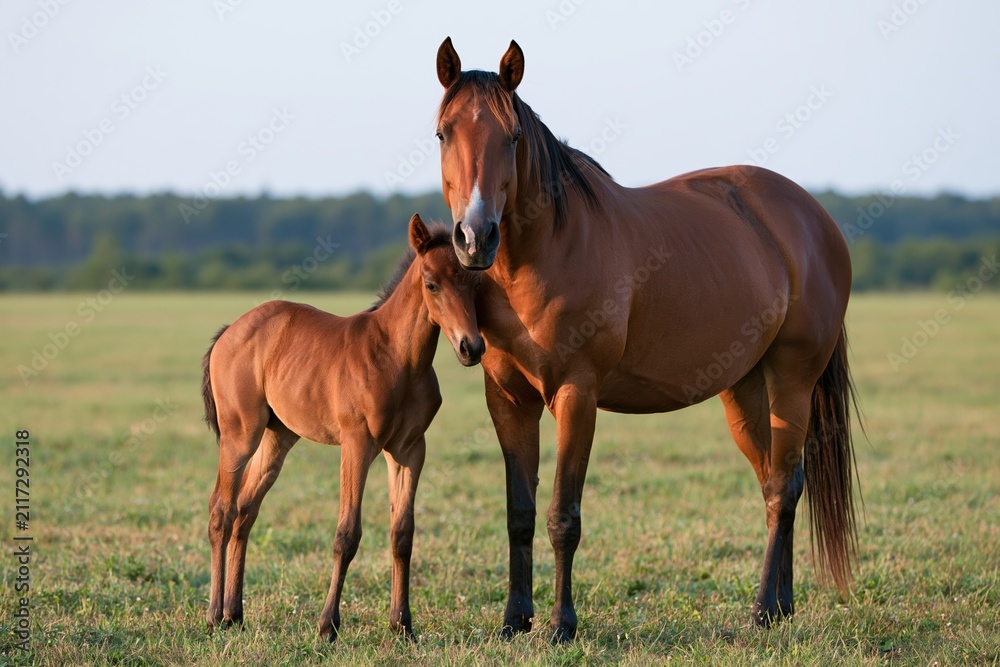 Obraz premium The Horses in a Sunlit Field Sharing a Tender Moment