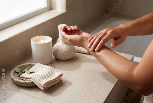 Applying Hydrating Cream To Wrist For Daily Skincare Routine In A Calm Bathroom