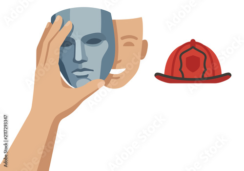 Foto A hand holds a mask concealing a face, juxtaposed with a firefighter's helmet and a heart symbol