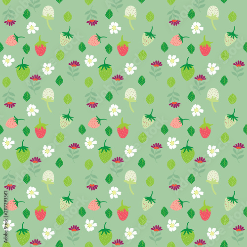 Seamless strawberry pattern with berries, flowers, and green leaves in a soft pastel style. Ideal for fabric, wallpaper, wrapping paper, stationery, and surface design.