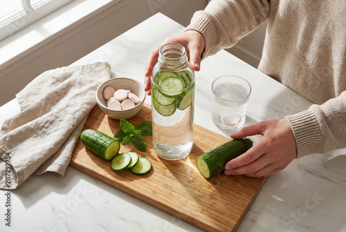 Making Cucumber Infused Hydration Drink With Dissolving Supplement In Bright Kitchen