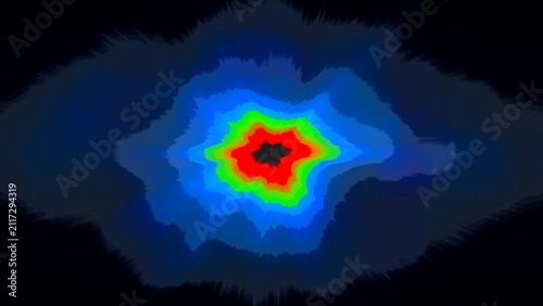 Vibrant swirls radiate from a central glowing core. Deep blues encircle electric reds