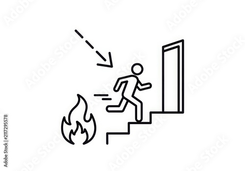 Person escaping fire through emergency exit isolated on white background
