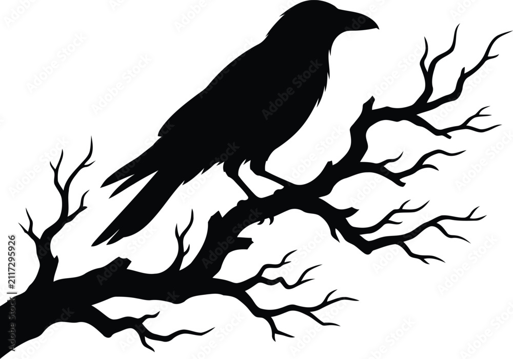 Naklejka premium Black silhouette of a crow perched on a bare tree branch isolated on a white background