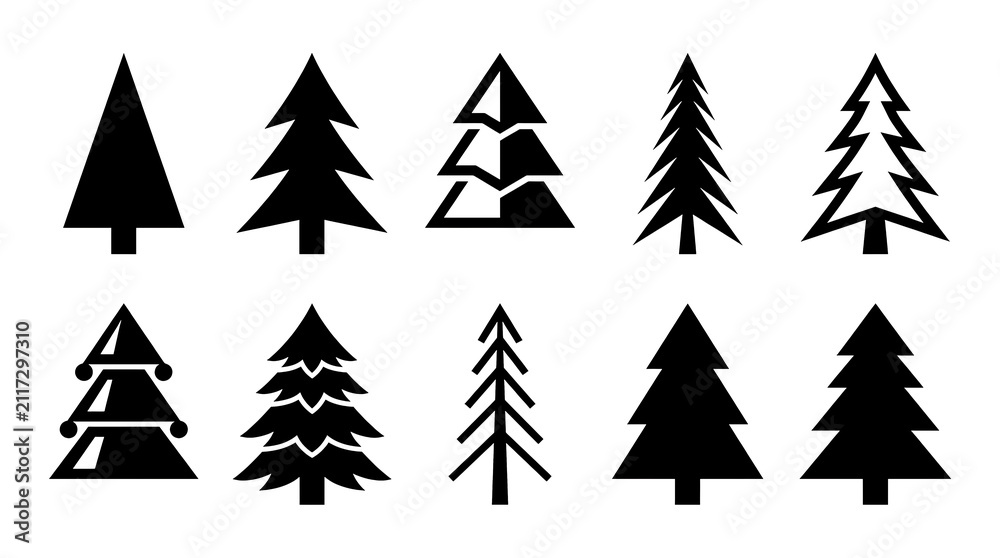 Obraz premium Minimal Christmas Tree Outline Icon Set | Modern Geometric Pine Tree Silhouette Vector Collection