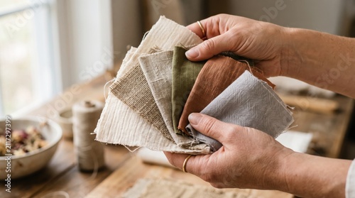 Close up of hands holding fabric texture samples for interior design and home decoration selection