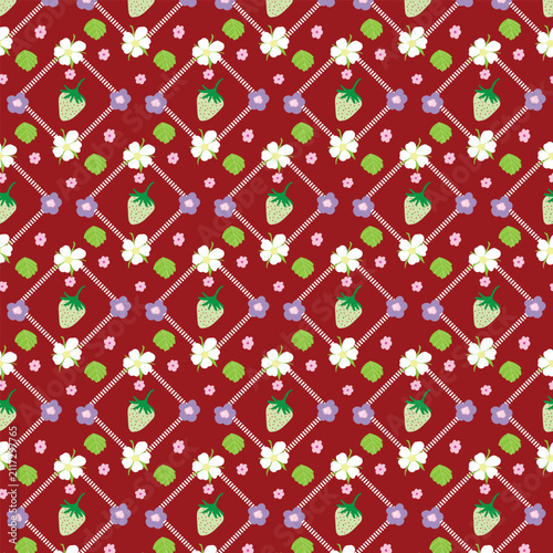 Cute strawberry seamless pattern featuring green strawberries, blossoms, a lattice design, and green leaves. Perfect for fabric, wallpaper, wrapping paper, textile, and spring surface design