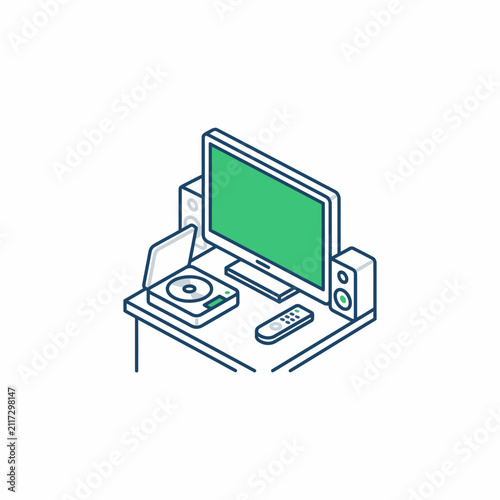 Isometric illustration of a home entertainment media setup with a television and CD player.