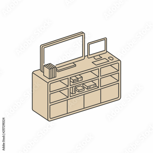 Isometric illustration of a modern living room media console with electronics.