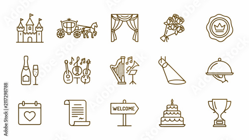 Ultimate Luxury Indian Event Management Icons: Elegant Outline Vector Set for Castle Weddings, Royal Carriages & Anniversary Celebrations