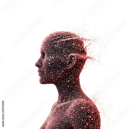 Humanity in Dissolution: A profile of a human form, constructed from particles that are breaking apart and scattering into the air, representing decay or transformation.