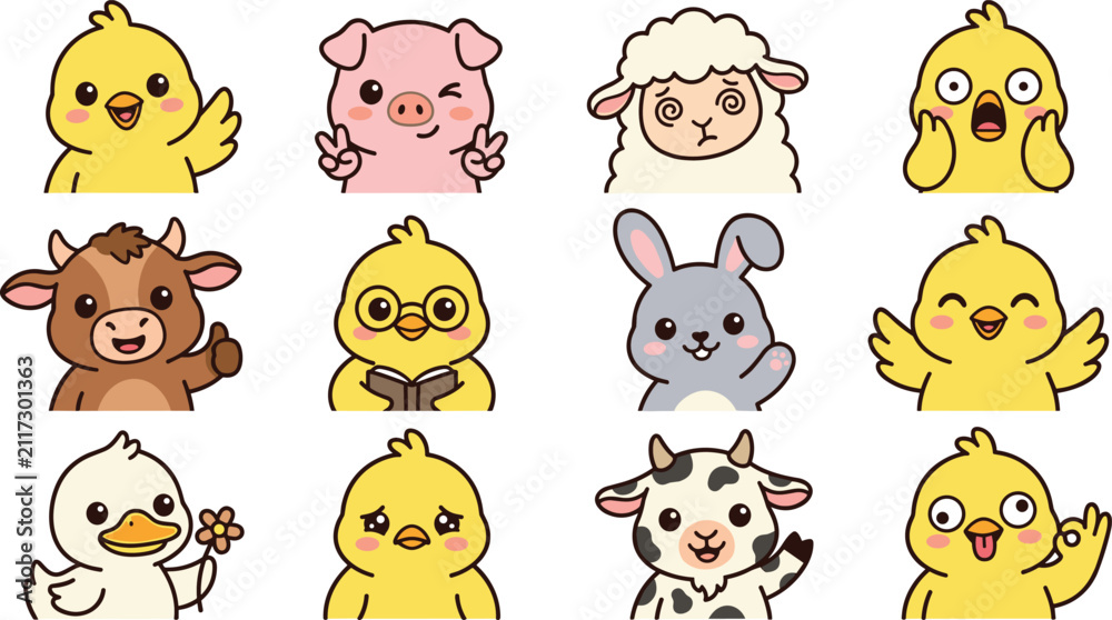 Fototapeta premium Cute Kawaii Farm Animal Vector Character Set with Baby Chick Expressions Pig Sheep Cow Bull Rabbit and Duck Mascot Emotion Avatars