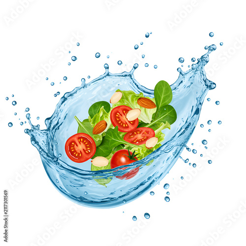 Fresh Salad Splash: A vibrant salad featuring cherry tomatoes, mixed greens, and almonds, is dramatically tossed in a crystal-clear water splash.