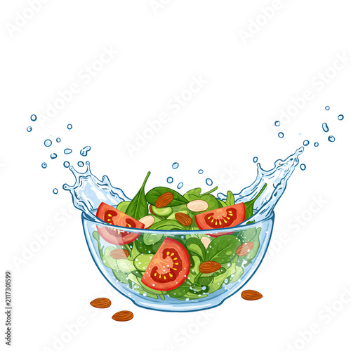 Fresh Salad Splash: A vibrant salad featuring crisp greens, juicy tomatoes, and almonds is dramatically splashed with water, creating a refreshing and healthy visual.