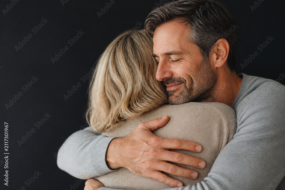 Fototapeta premium A middle-aged couple embracing affectionately against a dark background.