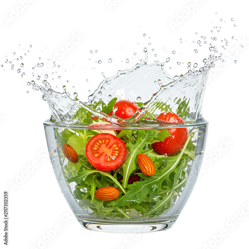 Fresh Salad Splash: A vibrant salad with crisp greens, ripe cherry tomatoes, and almonds takes an invigorating splash in clear water, creating a dynamic and refreshing visual of healthy eating.