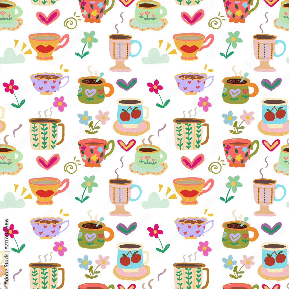 Fototapeta premium Retro Coffee Cups and Hearts Pop Art Seamless Pattern