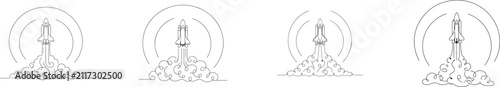 Continuous line rocket launch vector set. Minimal spaceship icon for space, startup and innovation themes.