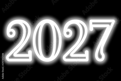 2027. Neon. White shining double-line number. New Year. Color vector illustration. Isolated on black background. Idea for web design, banner.