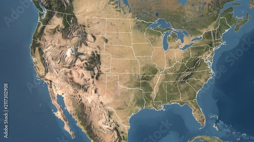 Satellite perspective view of the United States map with clear state borders and high resolution terrain detail for professional cartographic and business data visualization