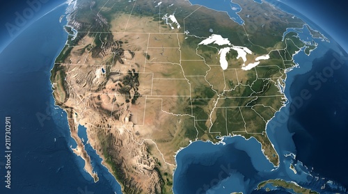 Realistic 3D satellite view of the United States map with detailed landscape and state borders isolated on white background for educational and corporate digital projects