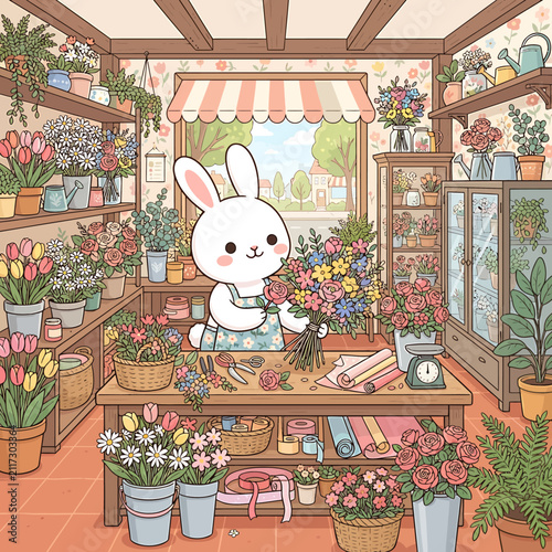 Cute cartoon rabbit working as a florist in a cozy flower shop.