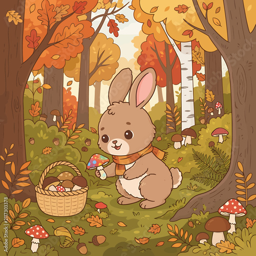 Cute cartoon bunny picking mushrooms in a beautiful autumn forest with colorful trees and fallen leaves.