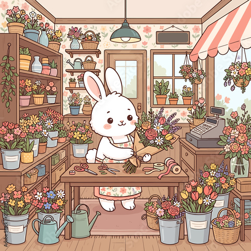 Cute white bunny working as a florist in a cozy flower shop with many plants.