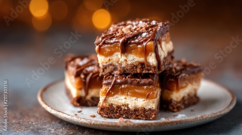 A delectable stack of chocolate caramel dessert bars, showcasing rich layers of sweetness that promise indulgence and delight for any dessert lover or foodie.