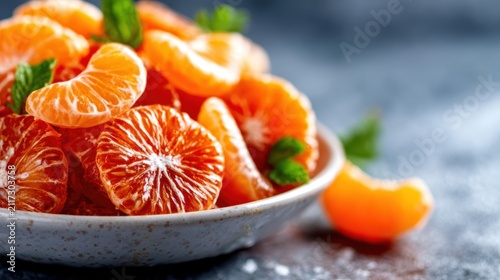 A bowl filled with vibrant oranges and mandarin slices, arranged artistically on a rustic table, exudes freshness and the natural beauty of seasonal fruits.
