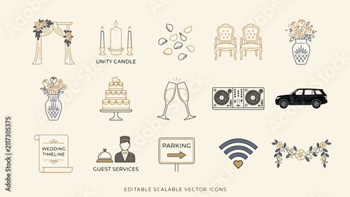 Elegant Indian Wedding Ceremony & Reception Icons: Editable Vector Set for Altar, Unity Candles, Floral Garlands & Luxury SUVs