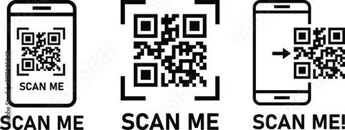 Scan me QR code icons and mobile scanning vector illustration set
