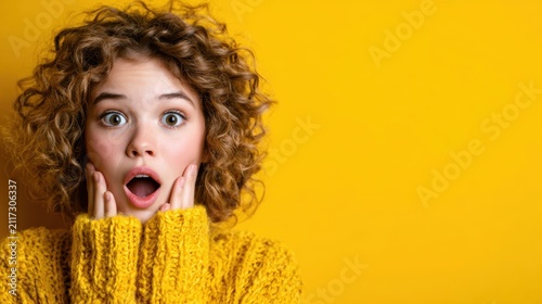 A young girl with curly hair is expressing surprise against a vibrant yellow backdrop, capturing an emotion that many can relate to and evoke feelings of joy and excitement.