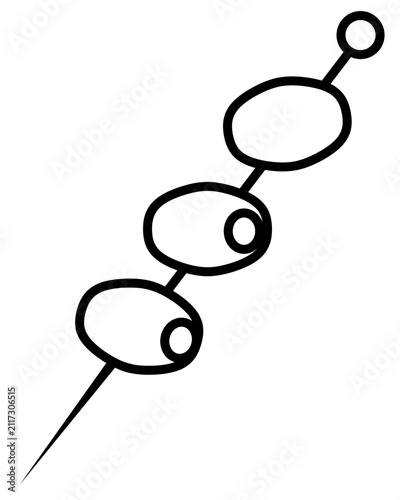 Olives on a skewer. Martini garnish. Canapes. Sketch. Vector illustration. Outline on an isolated white background. Coloring book. Doodle style. Aperitif garnish. Appetizer on a special stick.