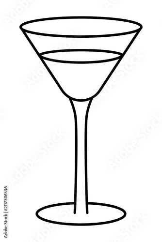 Martini glass. Crystal wine flute. Sketch. Vector illustration. Outline on an isolated white background. Glass goblet with an aperitif. Doodle style. Coloring book. Idea for web design, menu.