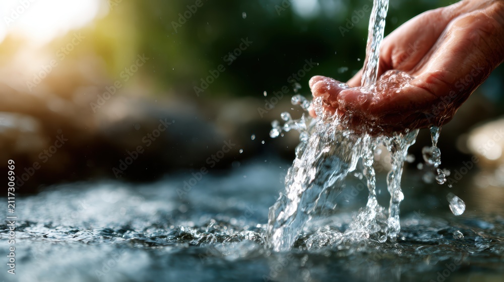Fototapeta premium A hand gently cups flowing water, capturing the essence of nature's beauty and the refreshing feeling of pure water in a tranquil outdoor setting.