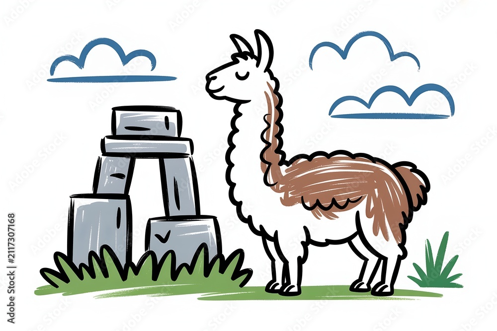 Obraz premium Cute llama standing near ancient stone ruins in hand drawn sketch style for historic landmark travel tour, history concept