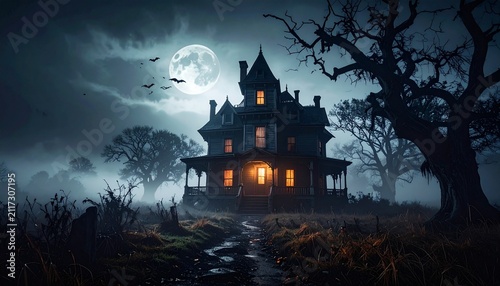 Haunted gothic house under full moon
