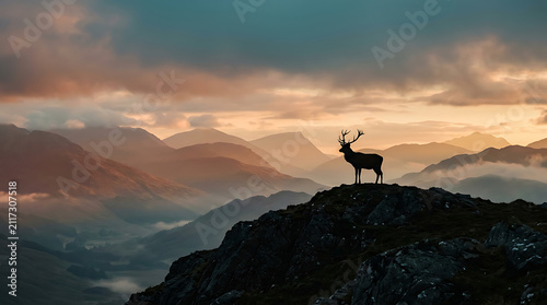 A proud stag stands atop a rocky mountain peak while overlooking a vast valley during the golden hour as the setting sun casts a warm glow over the rolling highlands and the dramatic cloudy sky