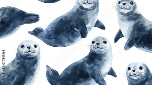 seal seamless pattern watercolor white background