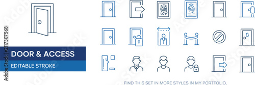 Open Door Line Icon Set vector illustration featuring login logout register password face recognition key lock exit and access control outline symbols for app UI