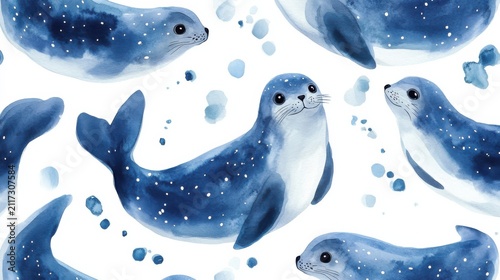 seal seamless pattern watercolor white background