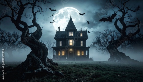 Haunted gothic house under full moon