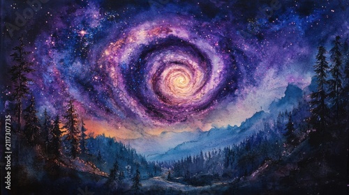 star-filled night sky with radiant spiral galaxy in violet and indigo tones, cosmic watercolor
