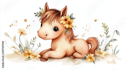 watercolor cartoon baby horse with flower garland, white background