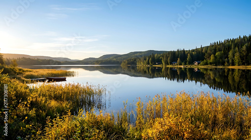 Calm water reflects the golden sunset light upon the lush green forest shoreline as gentle waves move along the grassy reeds during the peaceful evening hours in this scenic tranquil wilderness