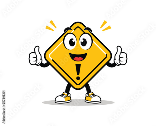 Cute Cartoon Warning Road Sign Mascot Character with Thumbs Up and Exclamation Mark Isolated on White Background